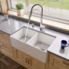 ALFI brand 33" Fireclay Farmhouse Sink, 50/50 Double Bowl, White, No Faucet Hole, ABF3318D-W