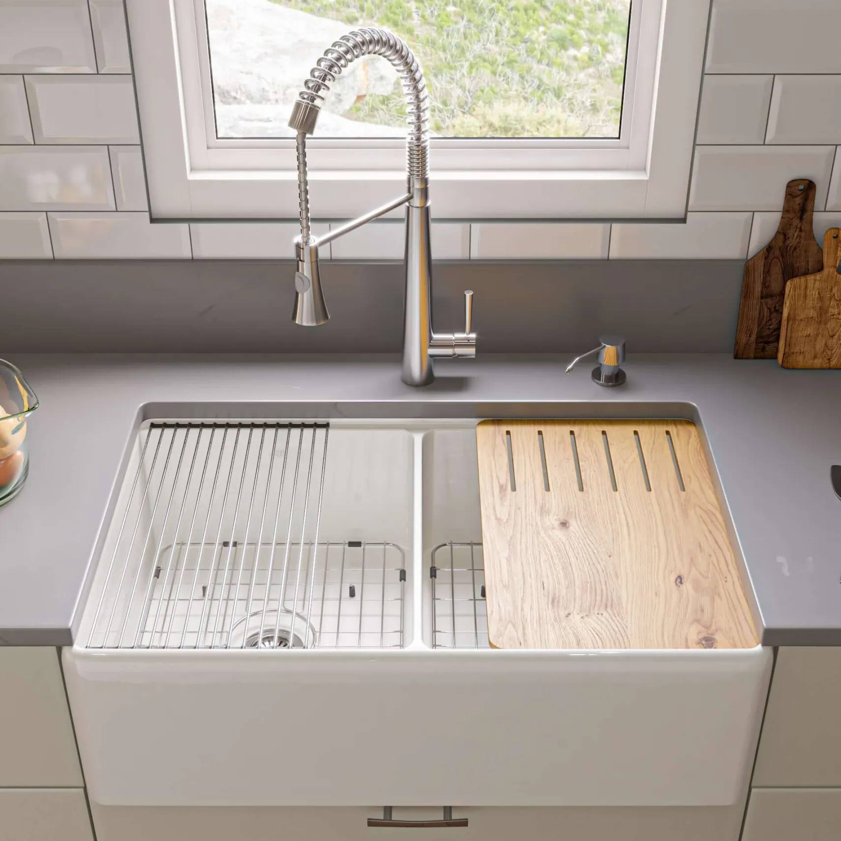 ALFI brand 33" Fireclay Workstation Farmhouse Sink with Accessories, 50/50 Double Bowl, White, No Faucet Hole, ABFS3320D-W