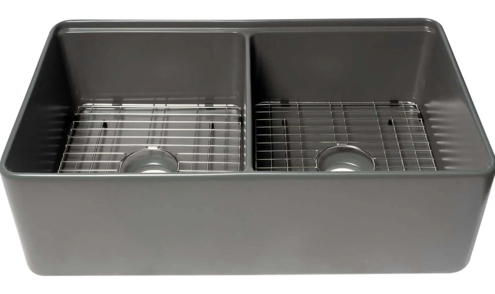 ALFI brand 33" Fireclay Workstation Farmhouse Step Rim Sink with Accessories, 50/50 Double Bowl, Gray Matte, No Faucet Hole, ABFS3320D-GM
