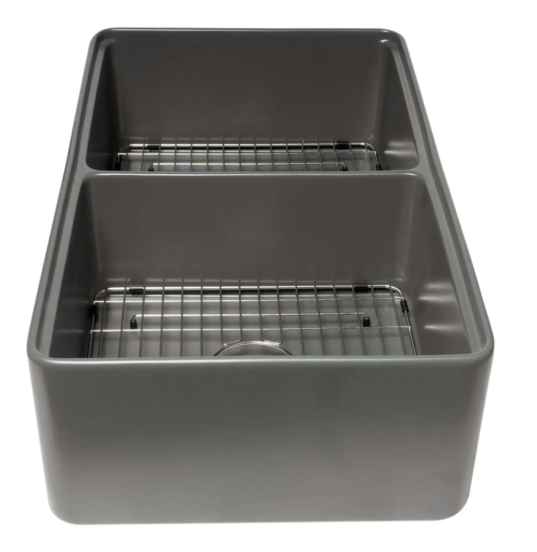 ALFI brand 33" Fireclay Workstation Farmhouse Step Rim Sink with Accessories, 50/50 Double Bowl, Gray Matte, No Faucet Hole, ABFS3320D-GM