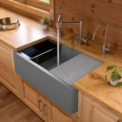 ALFI brand 33" Granite Composite Workstation Farmhouse Sink with Accessories, Titanium, No Faucet Hole, AB33FARM-T