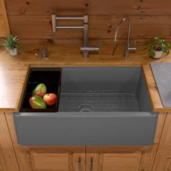 ALFI brand 33" Granite Composite Workstation Farmhouse Sink with Accessories, Titanium, No Faucet Hole, AB33FARM-T
