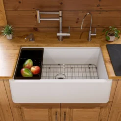 ALFI brand 33" Granite Composite Workstation Farmhouse Sink with Accessories, White, No Faucet Hole, AB33FARM-W