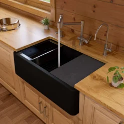 ALFI brand 33" Granite Composite Workstation Farmhouse Sink with Accessories, Black, No Faucet Hole, AB33FARM-BLA