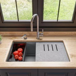 ALFI brand 34" Under Mount Granite Composite Workstation Kitchen Sink with Accessories, Titanium, No Faucet Hole, AB3418SBUM-T