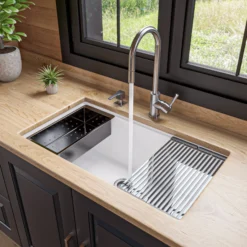 ALFI brand 34" Under Mount Granite Composite Workstation Kitchen Sink with Accessories, White, No Faucet Hole, AB3418SBUM-W
