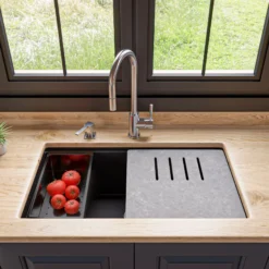 ALFI brand 34" Under Mount Granite Composite Workstation Kitchen Sink with Accessories, Black, No Faucet Hole, AB3418SBUM-BLA