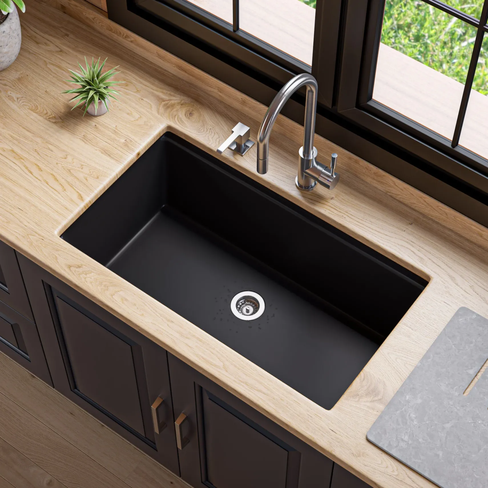 ALFI brand 34" Under Mount Granite Composite Workstation Kitchen Sink with Accessories, Black, No Faucet Hole, AB3418SBUM-BLA