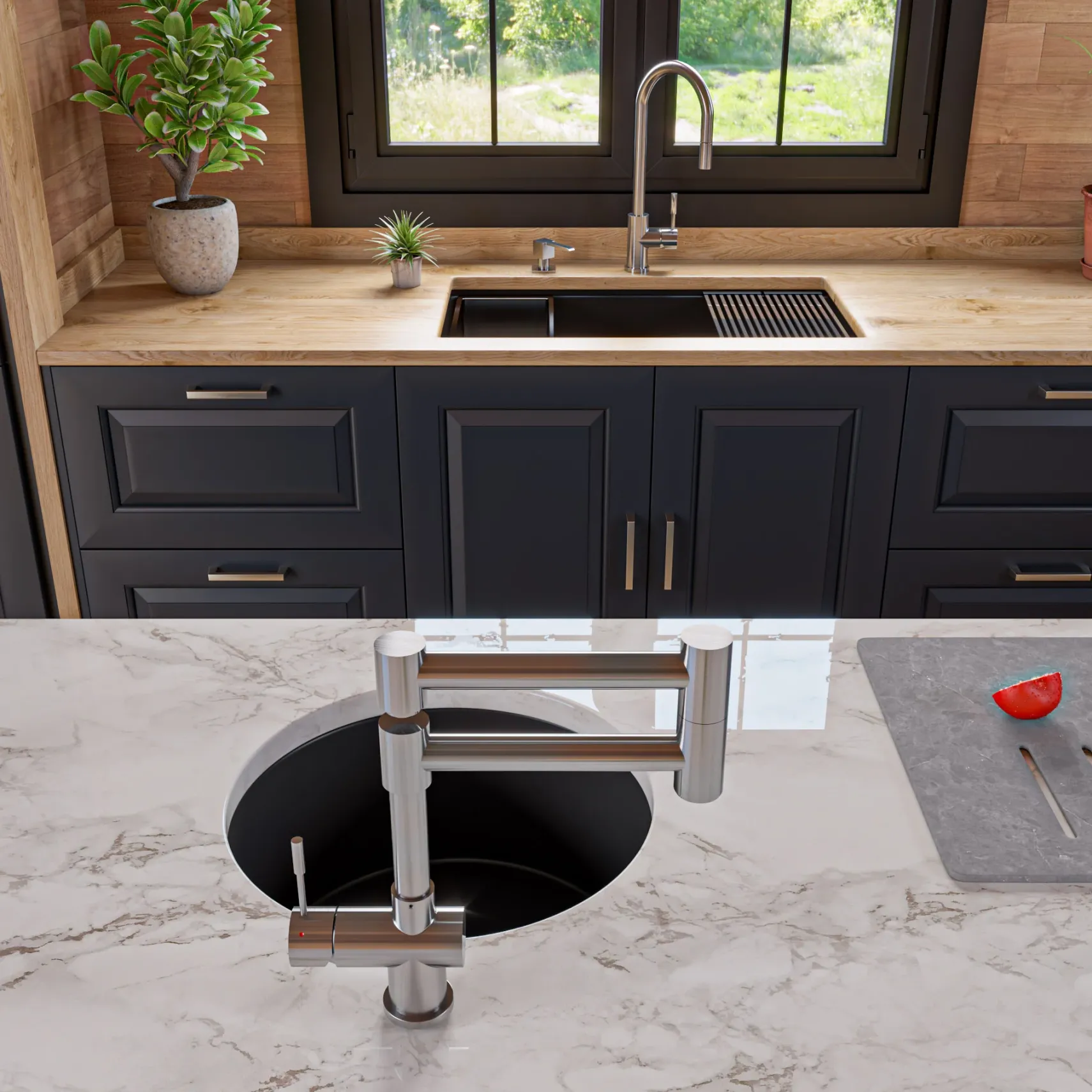 ALFI brand 34" Under Mount Granite Composite Workstation Kitchen Sink with Accessories, Black, No Faucet Hole, AB3418SBUM-BLA