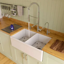 ALFI 32" Decorative Lip Double Bowl Fireclay Farmhouse Apron Sink, White, AB539-W