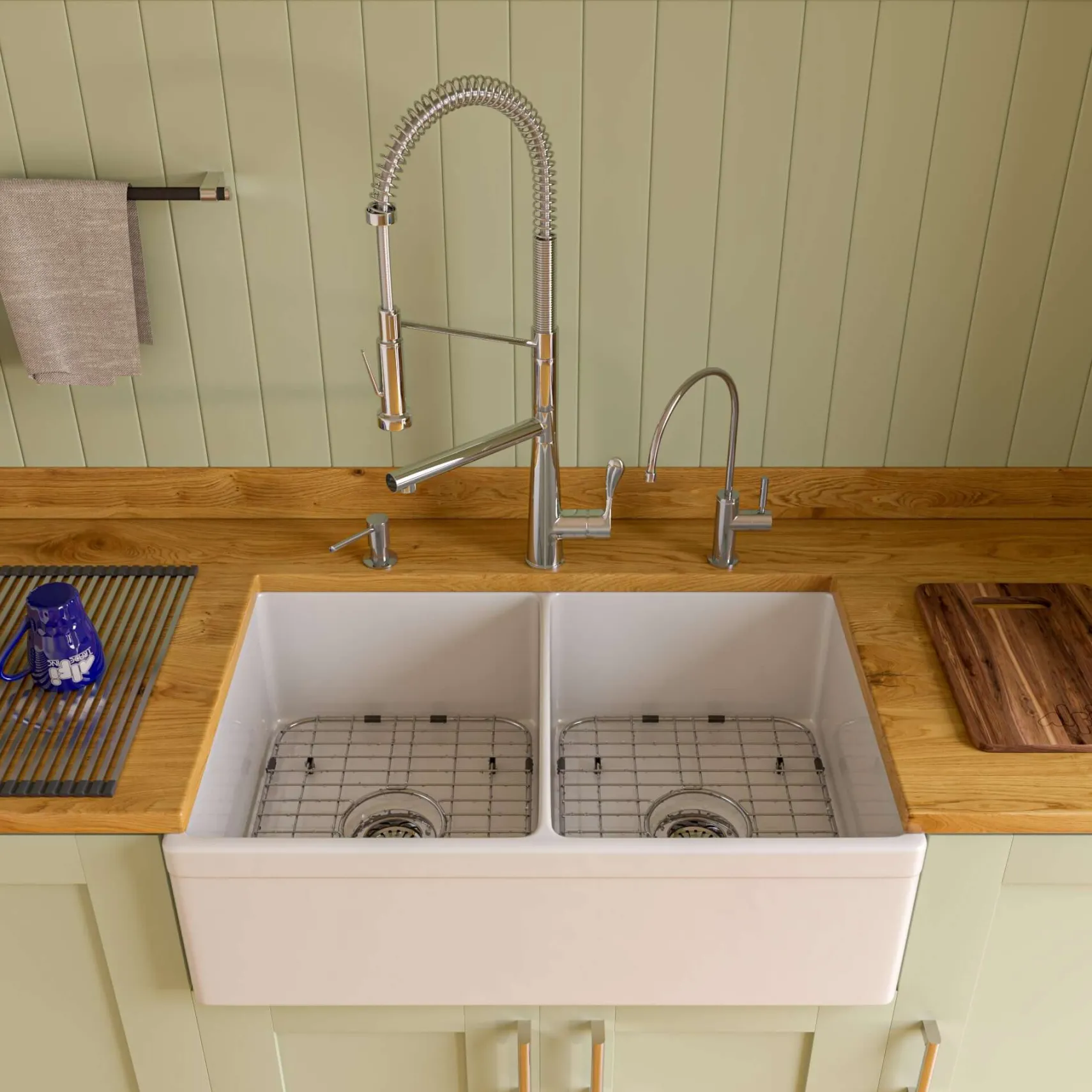 ALFI 32" Decorative Lip Double Bowl Fireclay Farmhouse Apron Sink, White, AB539-W
