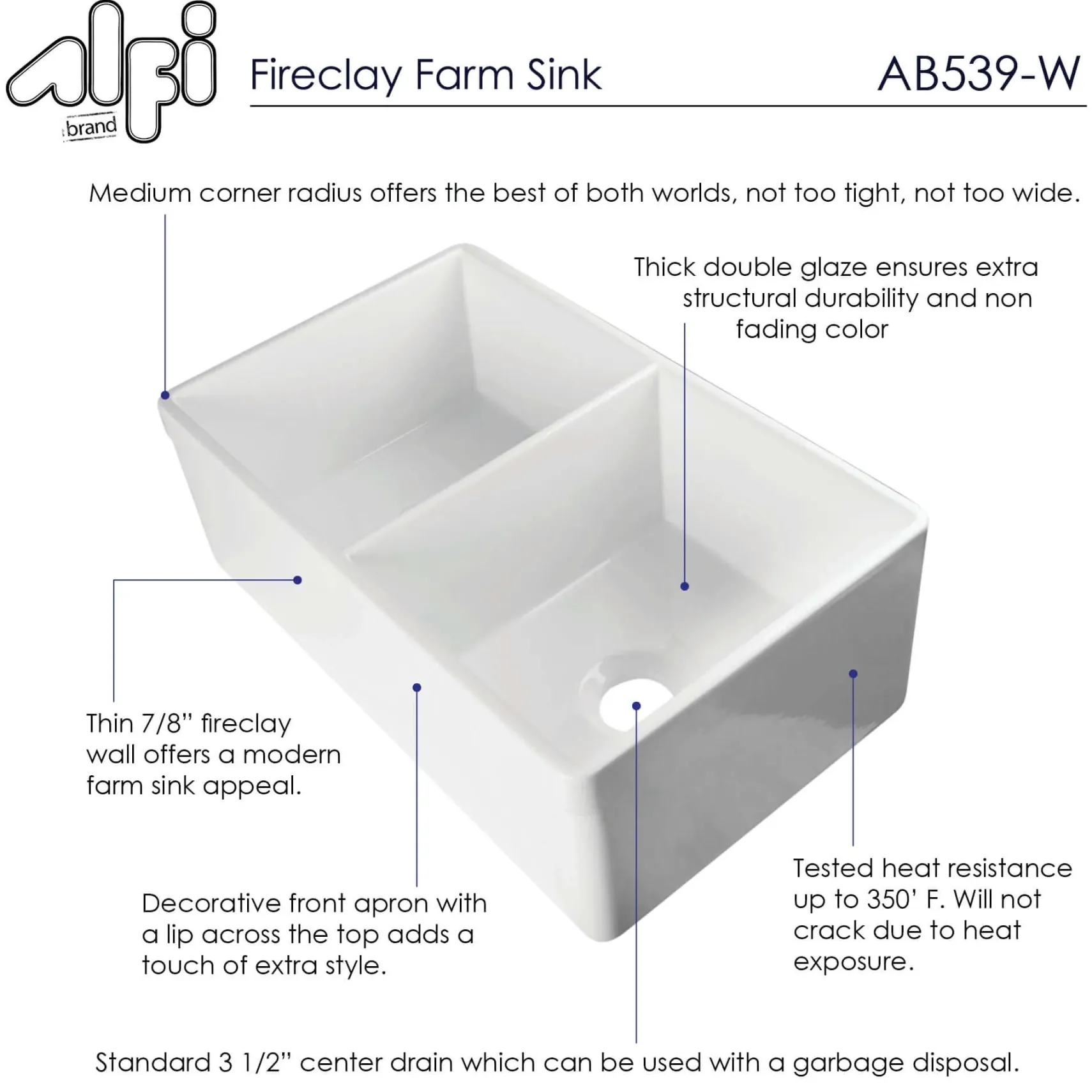 ALFI 32" Decorative Lip Double Bowl Fireclay Farmhouse Apron Sink, White, AB539-W