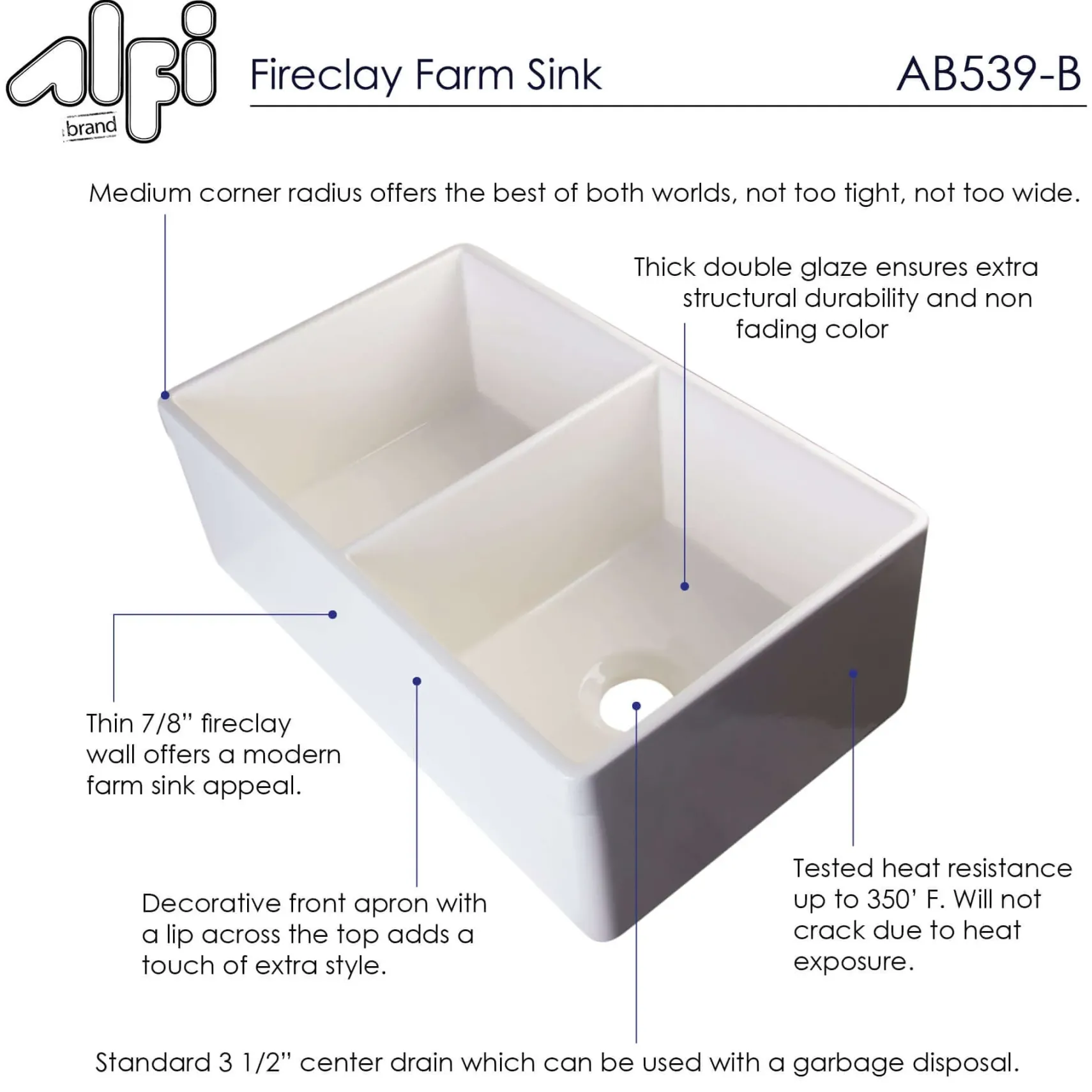 ALFI 32" Double Bowl Fireclay Farmhouse Apron Sink, Biscuit, AB539-B