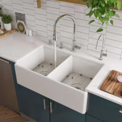 ALFI 32" Double Bowl Fireclay Farmhouse Apron Sink, White, AB538-W