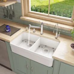ALFI 32" Double Bowl Fireclay Farmhouse Apron Sink, White, AB512-W