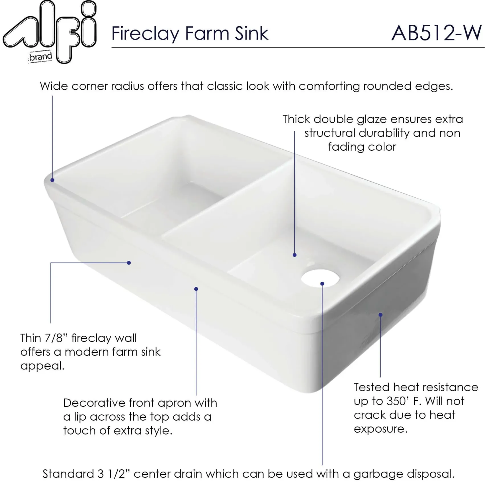 ALFI 32" Double Bowl Fireclay Farmhouse Apron Sink, White, AB512-W