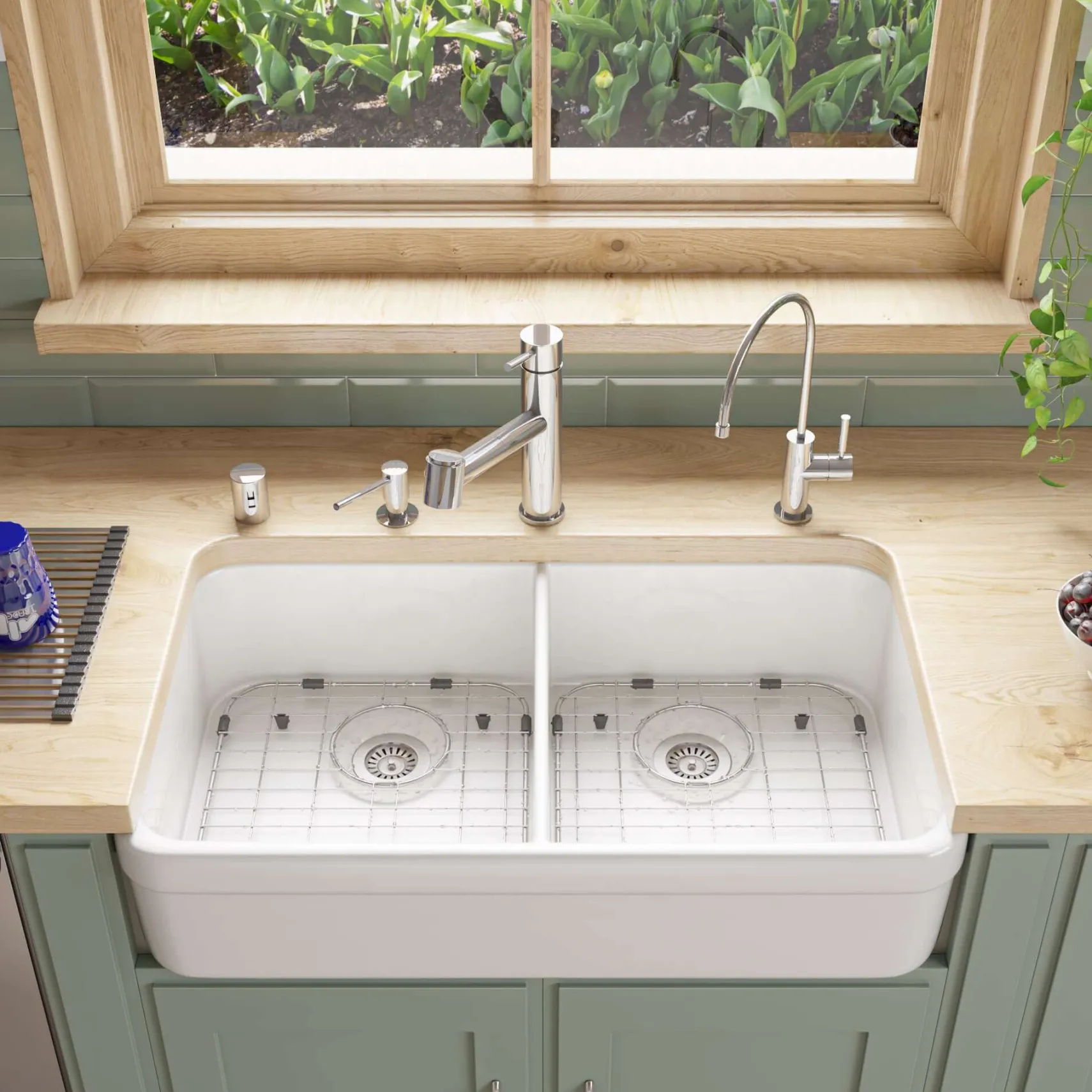 ALFI 32" Double Bowl Fireclay Farmhouse Apron Sink, White, AB512-W