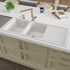 ALFI 46" Double Bowl Granite Composite Kitchen Sink with Drainboard, White, AB4620DI-W