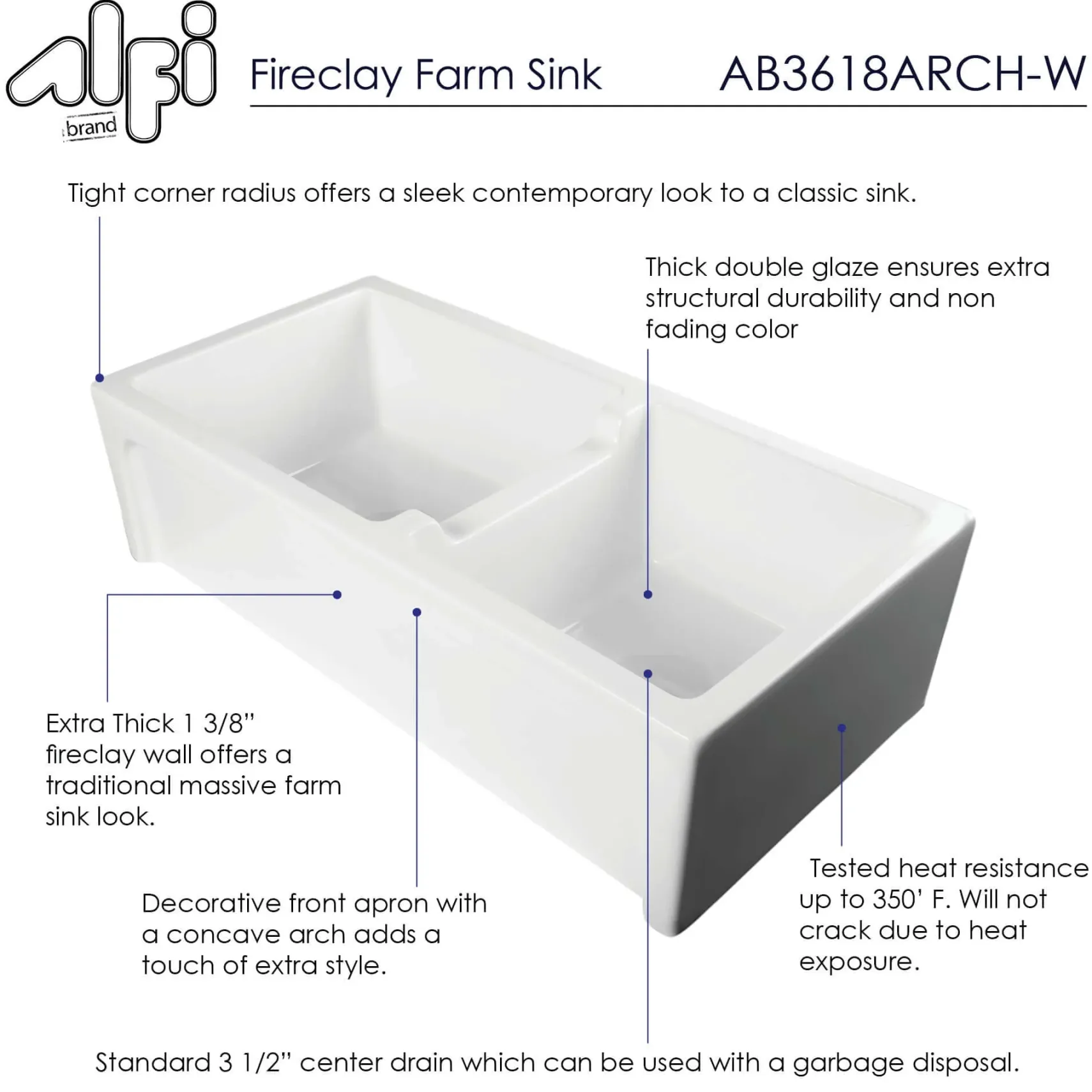 ALFI 36" Double Bowl Thick Wall Fireclay Farmhouse Apron Sink, White, AB3618ARCH-W