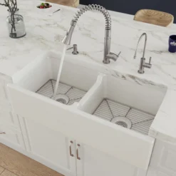 ALFI 39" Fireclay Double Bowl Bowl Farmhouse Apron Sink, White, AB3918DB-W