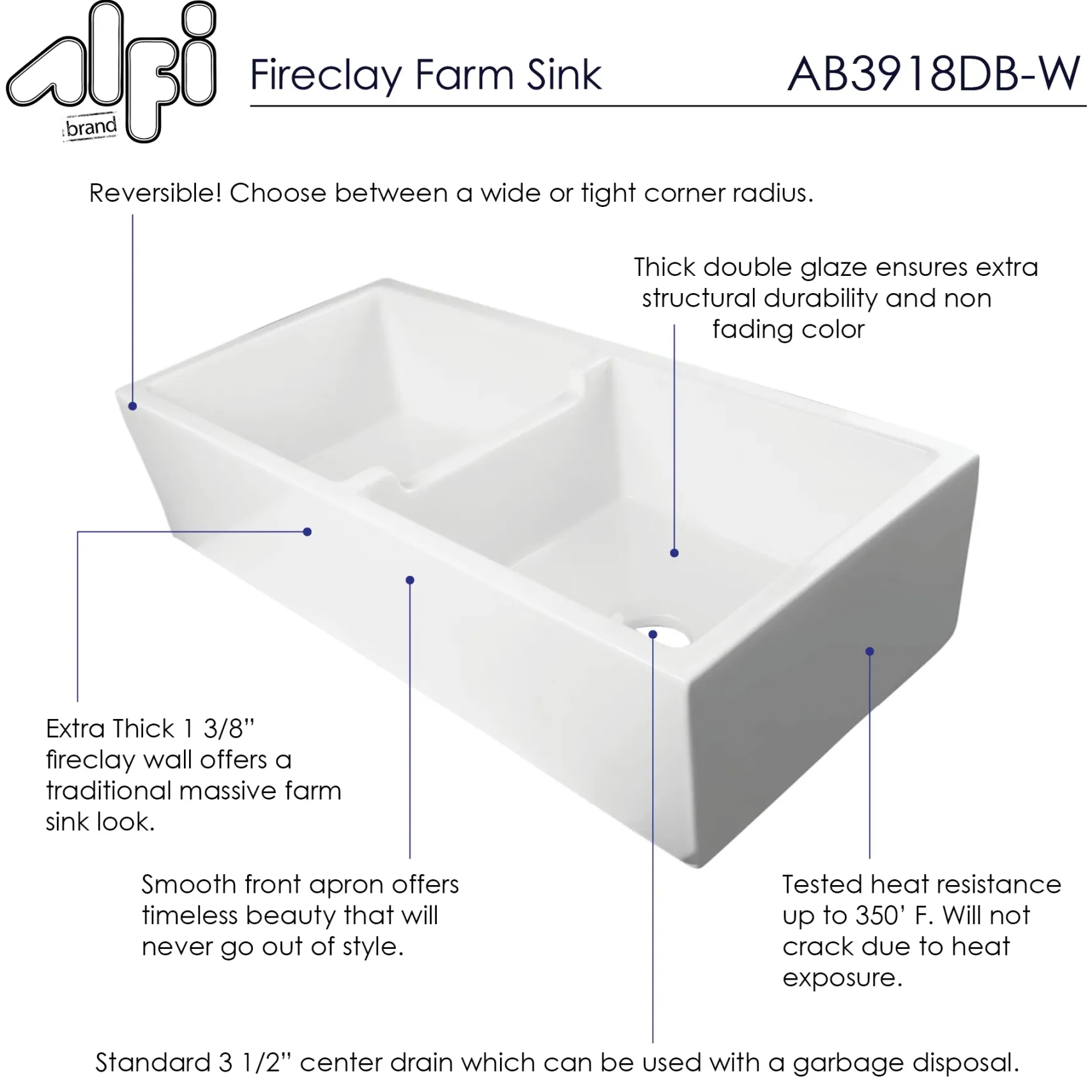 ALFI 39" Fireclay Double Bowl Bowl Farmhouse Apron Sink, White, AB3918DB-W