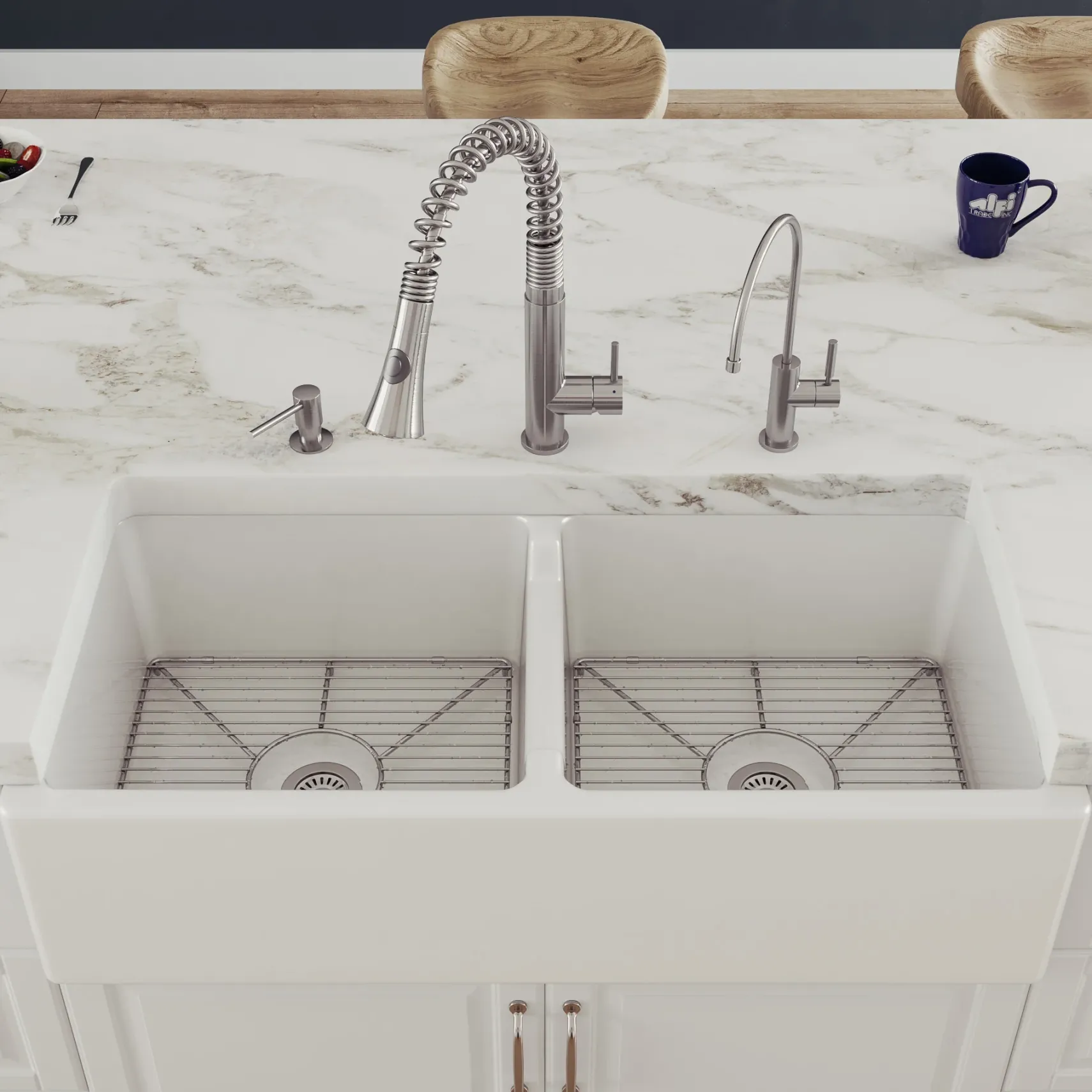 ALFI 39" Fireclay Double Bowl Bowl Farmhouse Apron Sink, White, AB3918DB-W