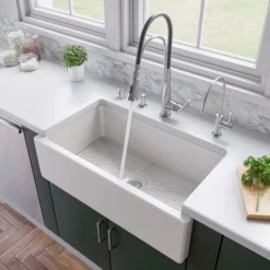 ALFI 33" Fireclay Farmhouse Kitchen Sink, Single Bowl, Reversible, White, AB3318HS-W