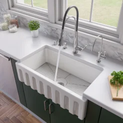 ALFI 33" Fireclay Farmhouse Kitchen Sink, Single Bowl, Reversible, White, AB3318HS-W