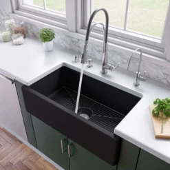 ALFI 33" Fireclay Farmhouse Kitchen Sink, Single Bowl, Reversible, Black Matte, AB3318HS-BM