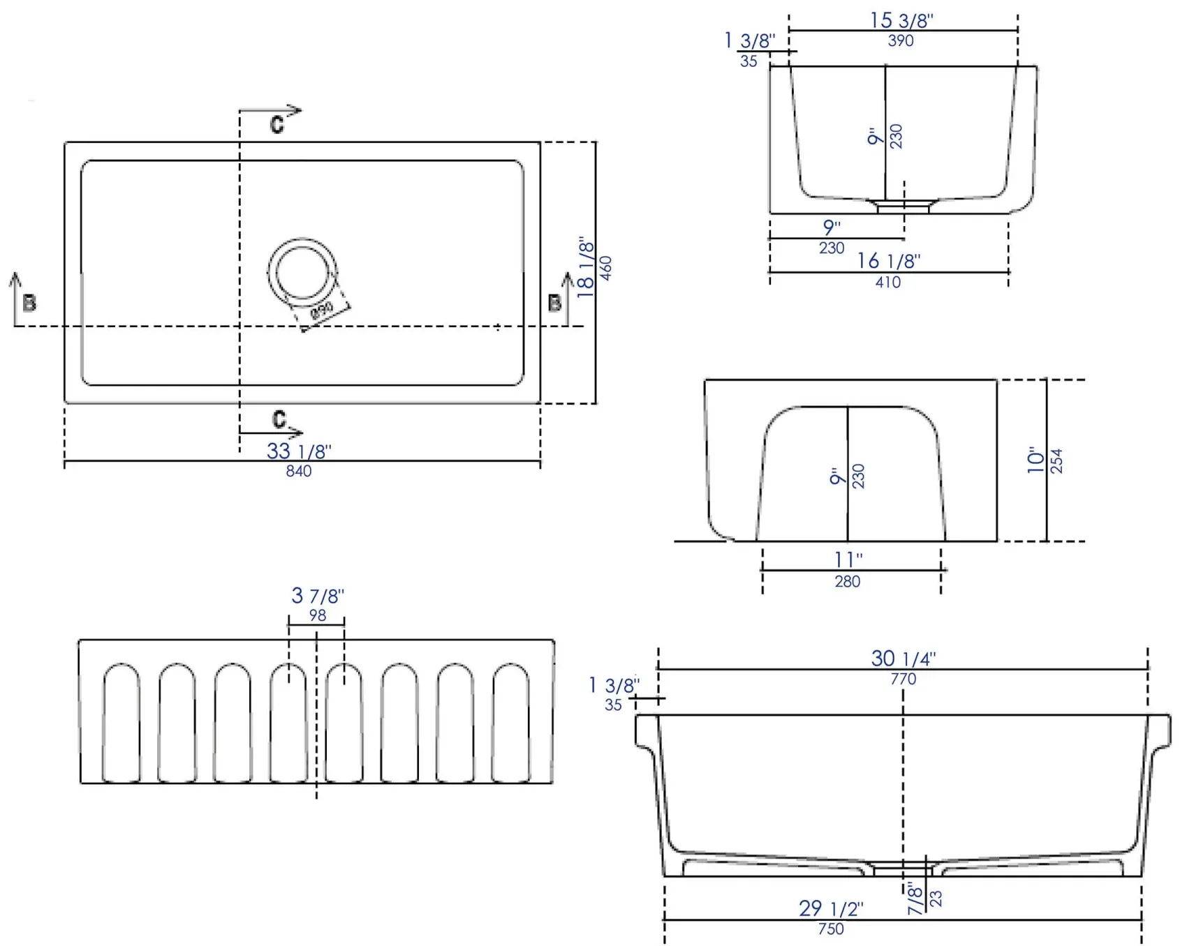 ALFI 33" Fireclay Farmhouse Kitchen Sink, Single Bowl, Reversible, Black Matte, AB3318HS-BM