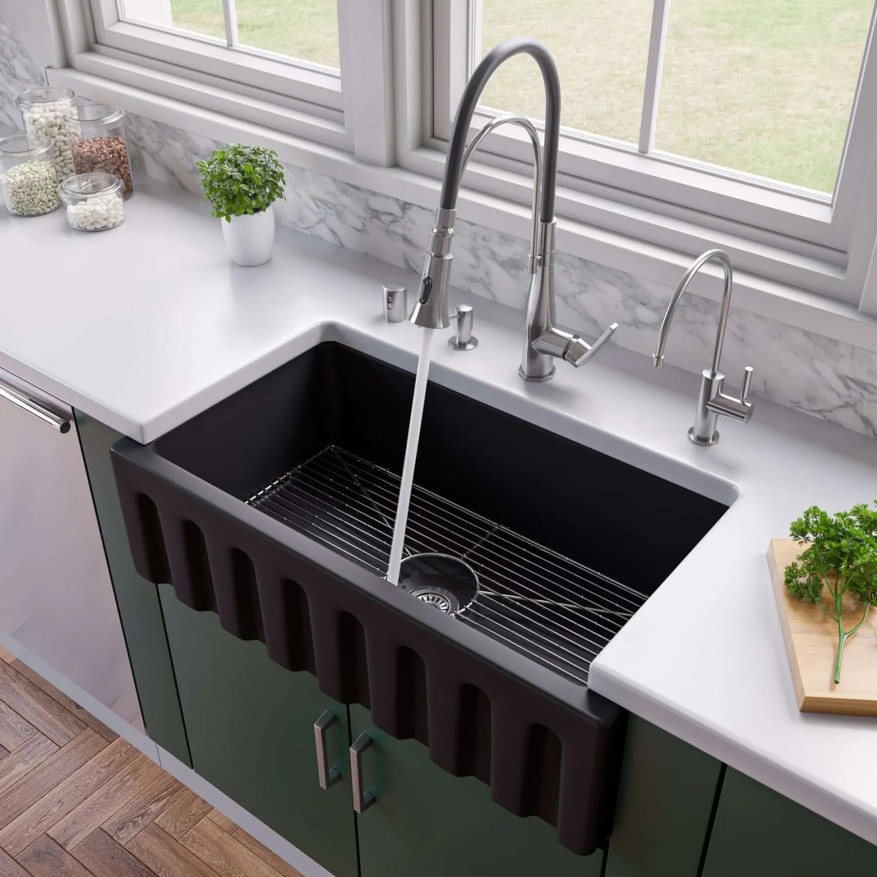 ALFI 33" Fireclay Farmhouse Kitchen Sink, Single Bowl, Reversible, Black Matte, AB3318HS-BM