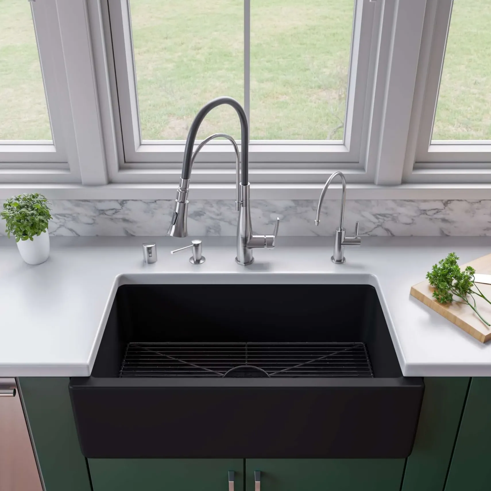 ALFI 33" Fireclay Farmhouse Kitchen Sink, Single Bowl, Reversible, Black Matte, AB3318HS-BM