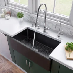 ALFI 33" Fireclay Farmhouse Kitchen Sink, Single Bowl, Reversible, Black Gloss, AB3318HS-BG