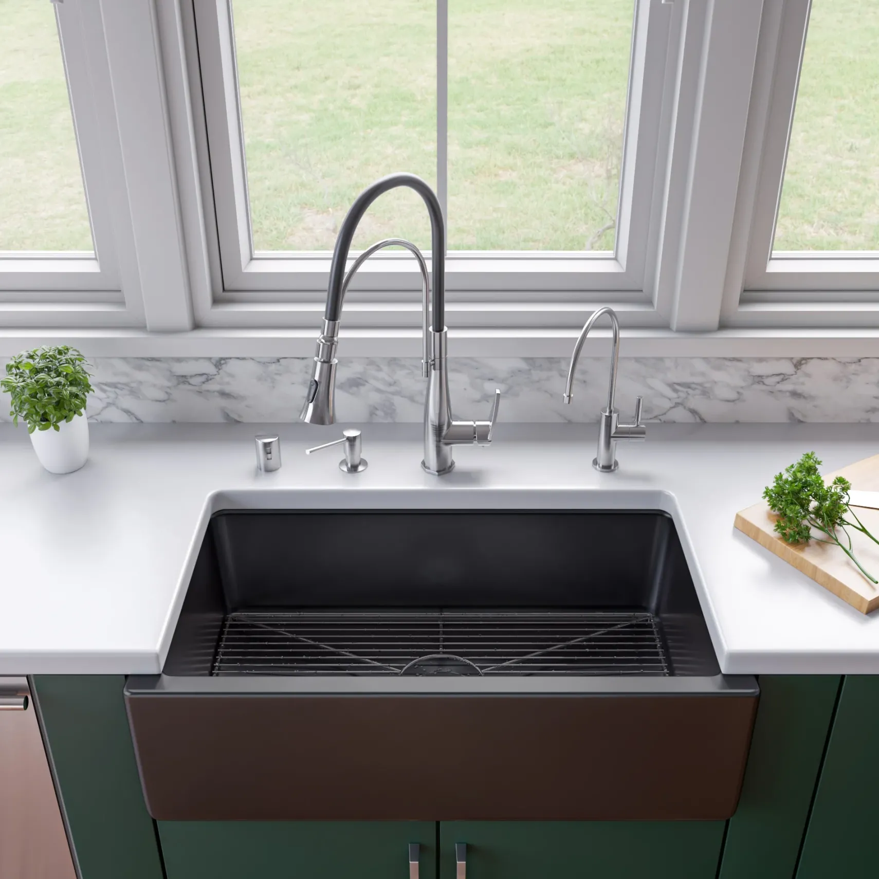 ALFI 33" Fireclay Farmhouse Kitchen Sink, Single Bowl, Reversible, Black Gloss, AB3318HS-BG