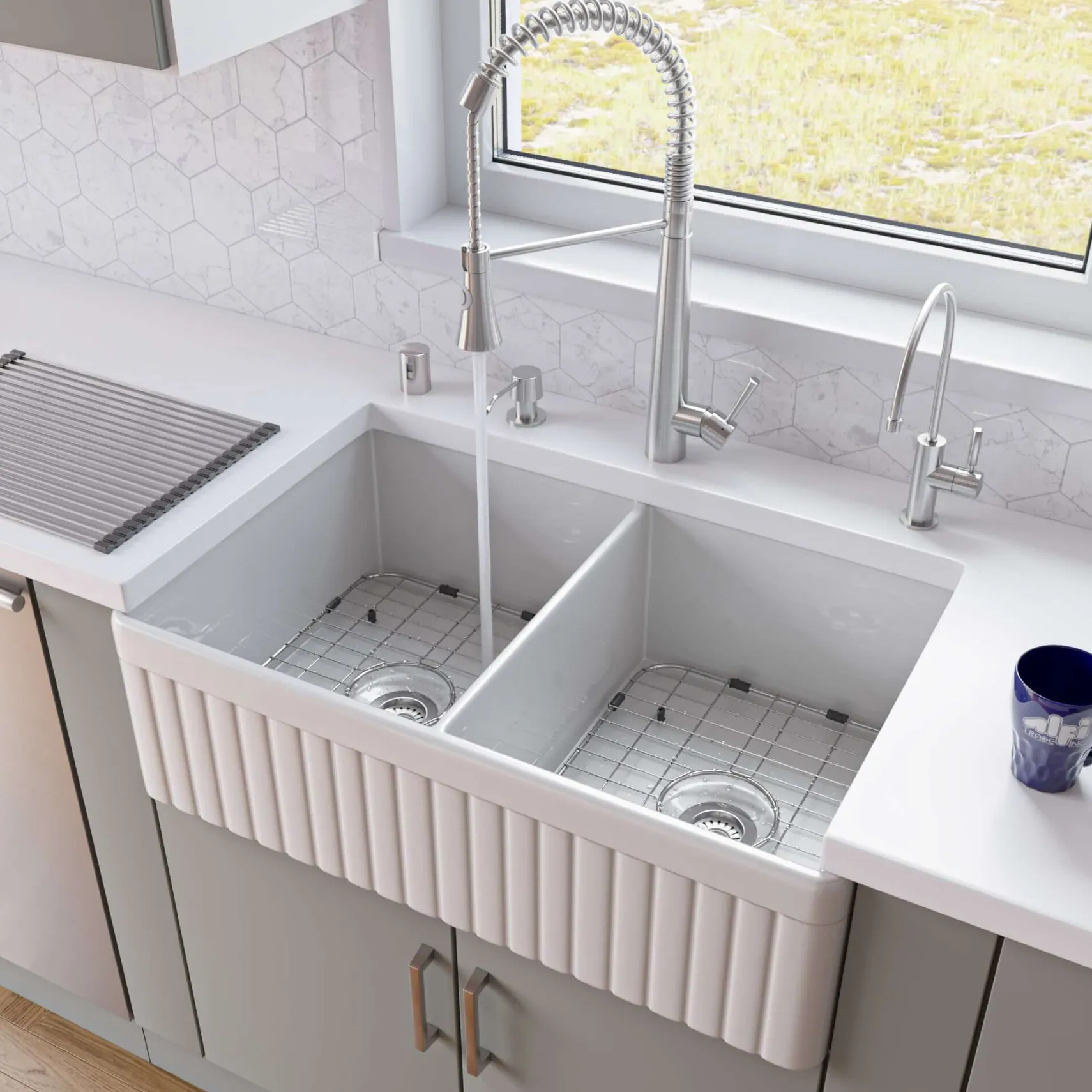 ALFI 32" Fluted Double Bowl Fireclay Farmhouse Apron Sink, White, AB537-W