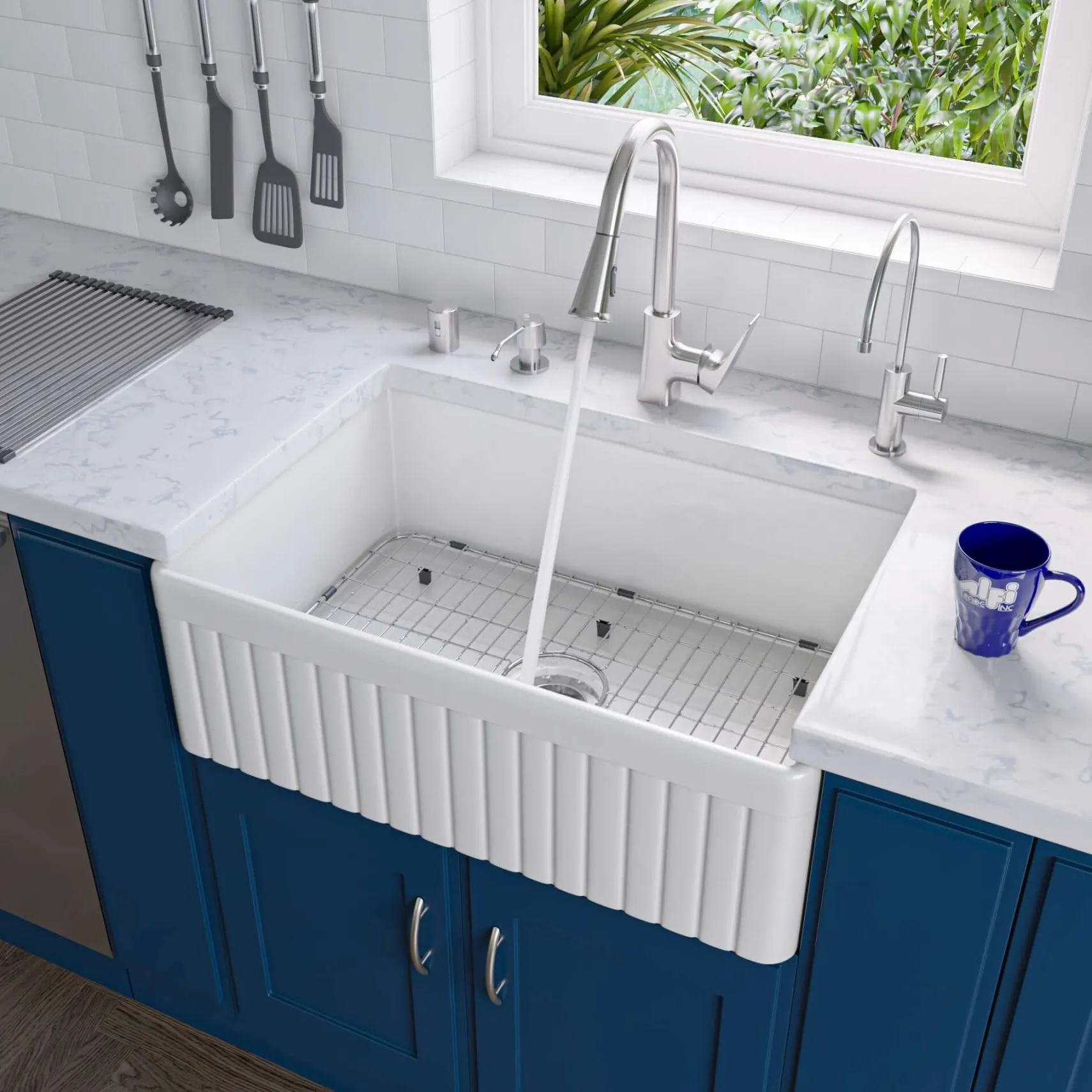 ALFI 30" Fluted Single Bowl Fireclay Farmhouse Apron Sink, White, AB509-W