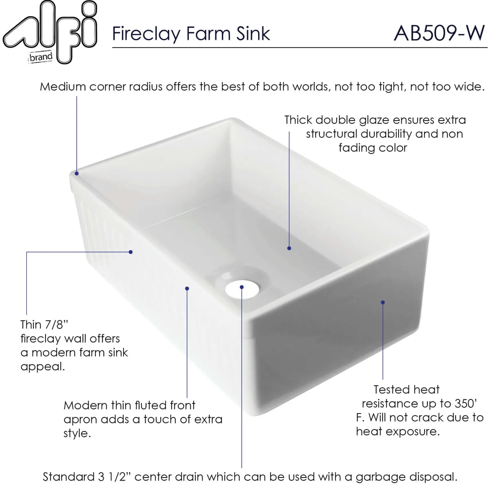 ALFI 30" Fluted Single Bowl Fireclay Farmhouse Apron Sink, White, AB509-W