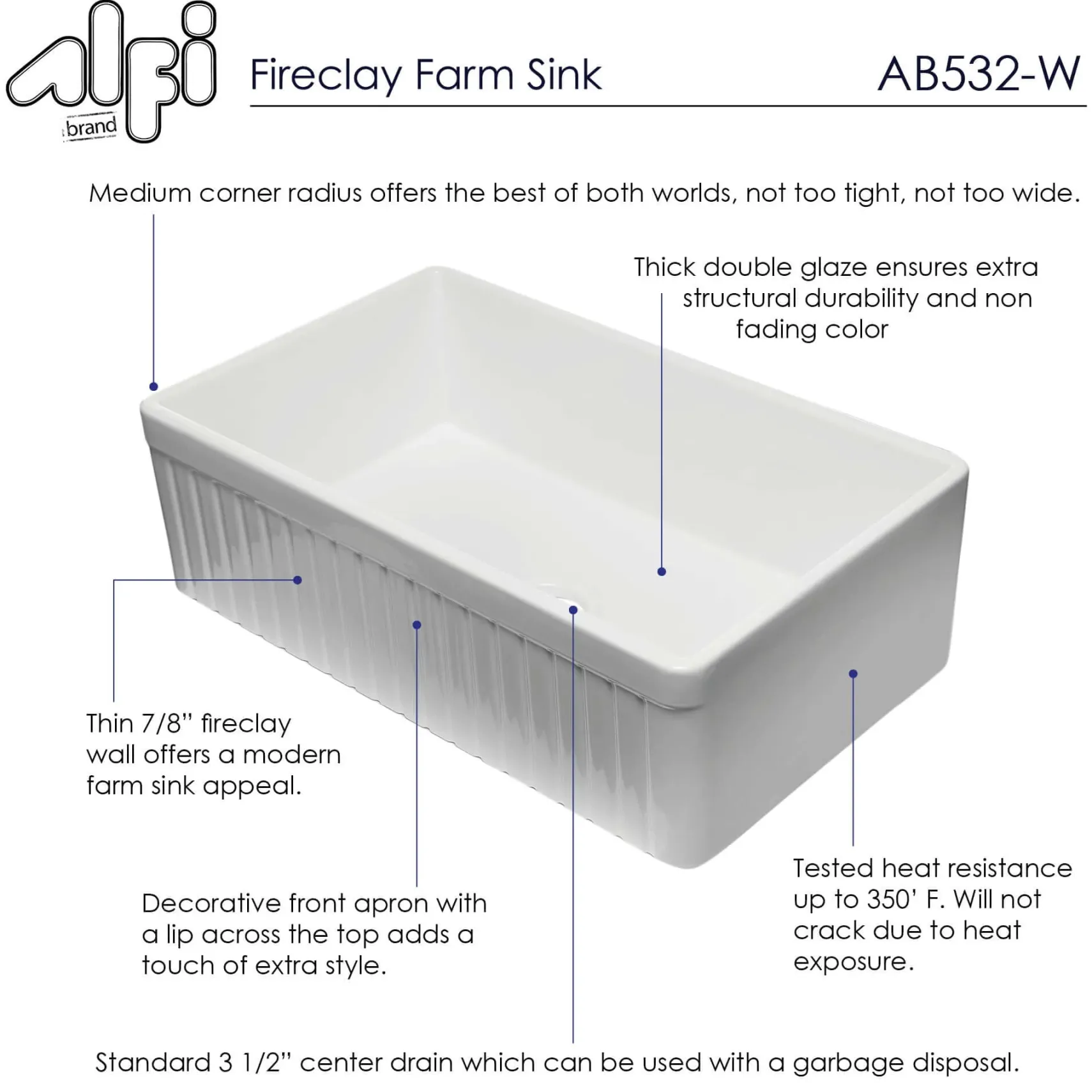 ALFI 33" Fluted Single Bowl Fireclay Farmhouse Apron Sink, White, AB532-W