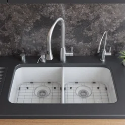 ALFI 32 inch White Double Bowl Fireclay Undermount Kitchen Sink, AB512UM-W