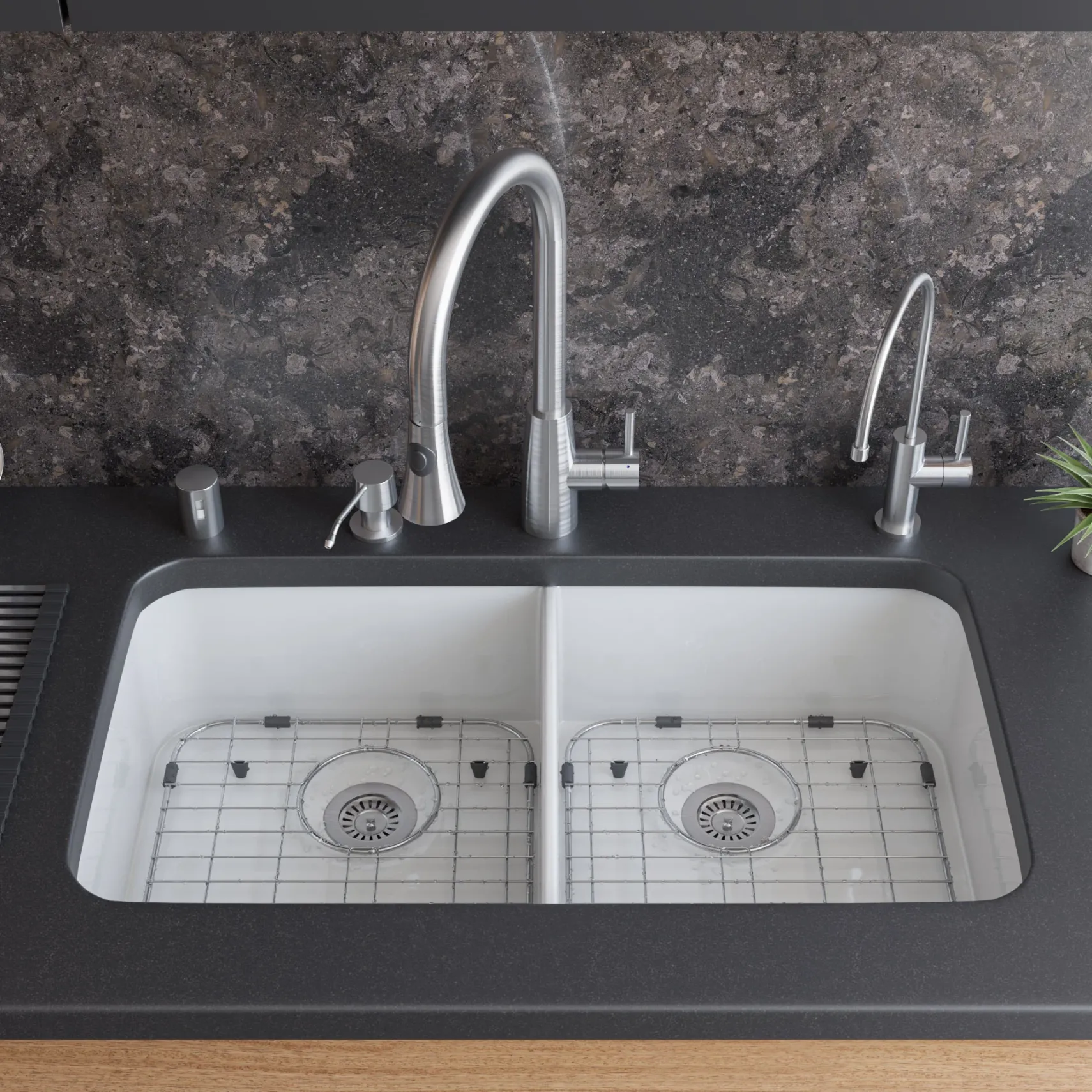 ALFI 32 inch White Double Bowl Fireclay Undermount Kitchen Sink, AB512UM-W