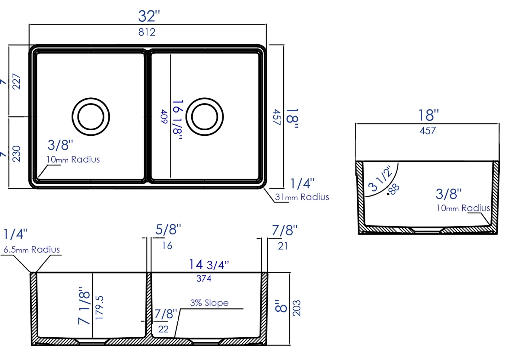 ALFI 32 inch White Double Bowl Fireclay Undermount Kitchen Sink, AB512UM-W