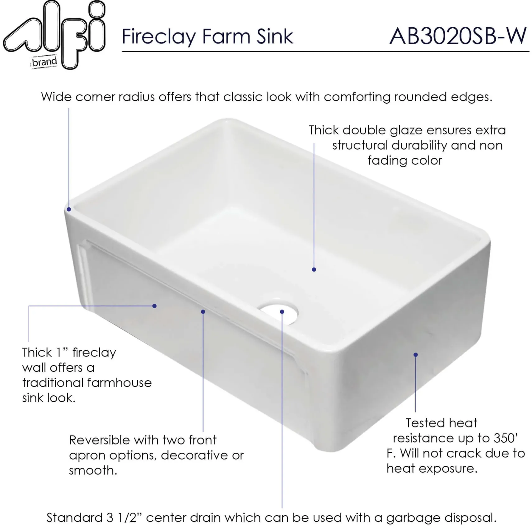 ALFI 30" Single Bowl Fireclay Farmhouse Apron Sink, White, AB3020SB-W