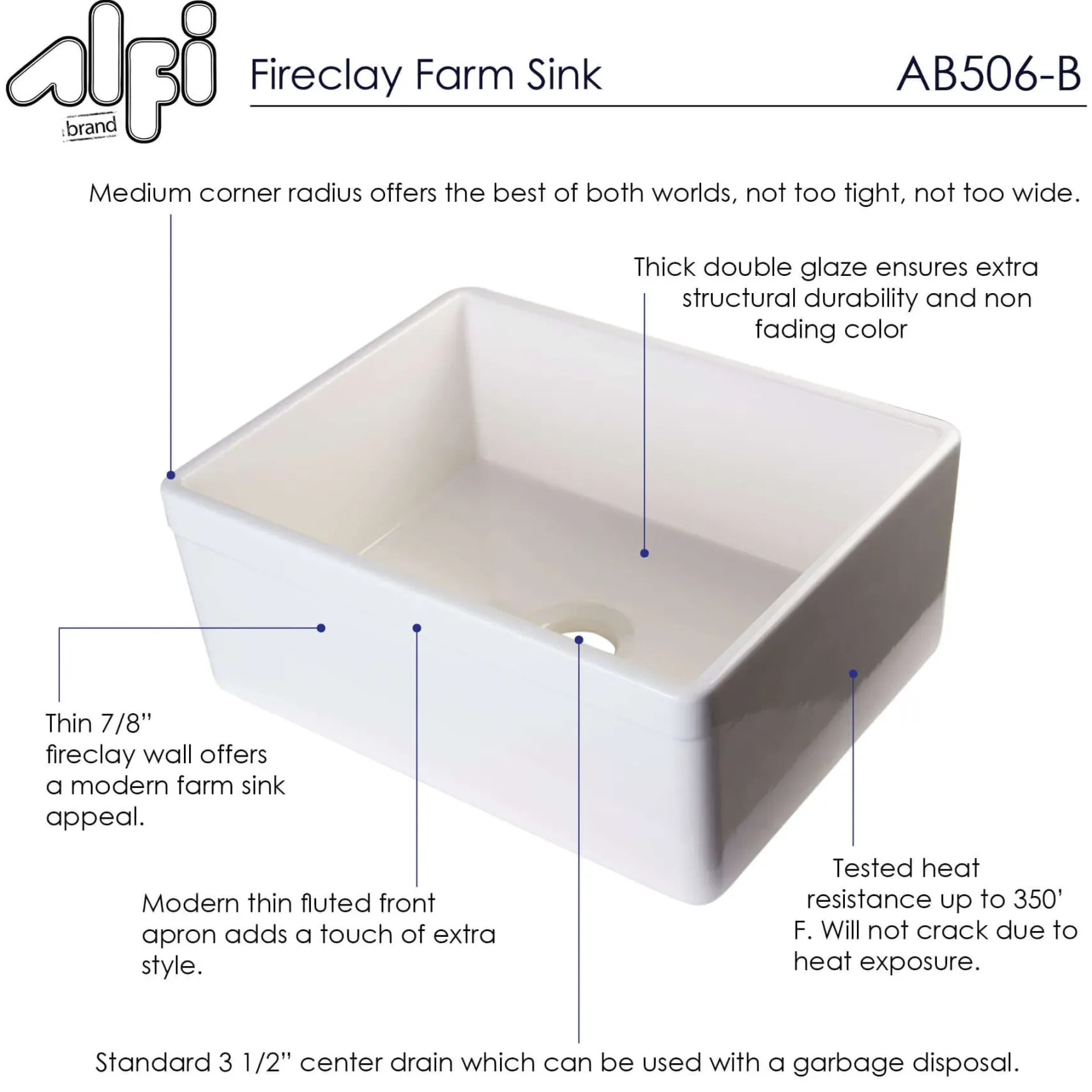 ALFI 26" Single Bowl Fireclay Farmhouse Apron Sink, Biscuit, Decorative, AB506-B