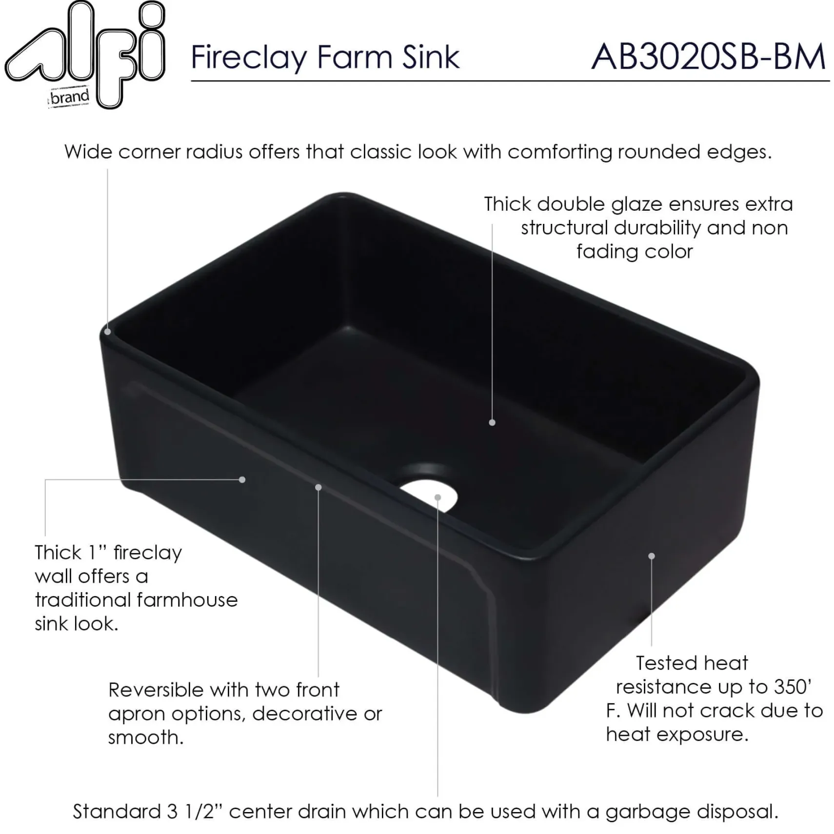 ALFI 30" Single Bowl Fireclay Farmhouse Apron Sink, Black Matte, AB3020SB-BM