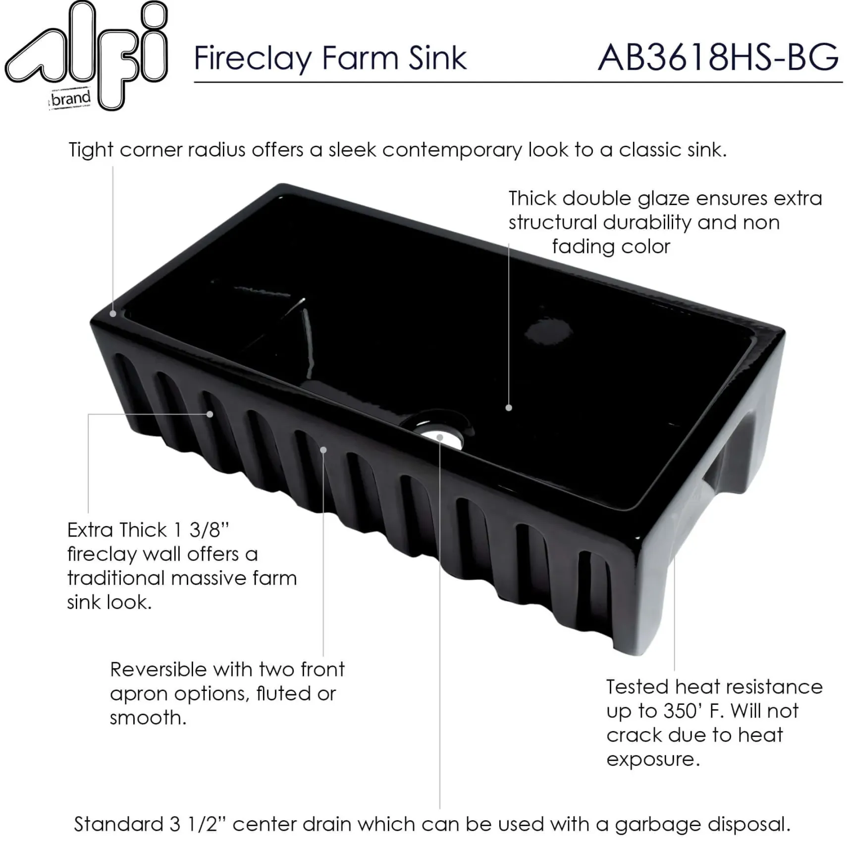 ALFI 36" Single Bowl Fireclay Farmhouse Kitchen Sink, Black Gloss, Reversible, AB3618HS-BG