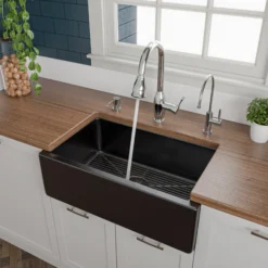 ALFI 30" Single Bowl Fireclay Farmhouse Apron Sink, Black Gloss, Reversible, AB3018HS-BG