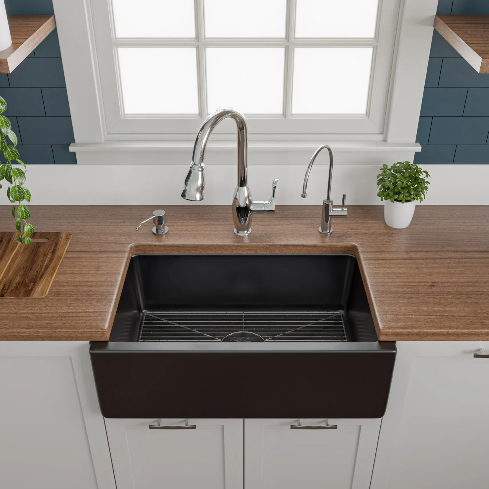 ALFI 30" Single Bowl Fireclay Farmhouse Apron Sink, Black Gloss, Reversible, AB3018HS-BG