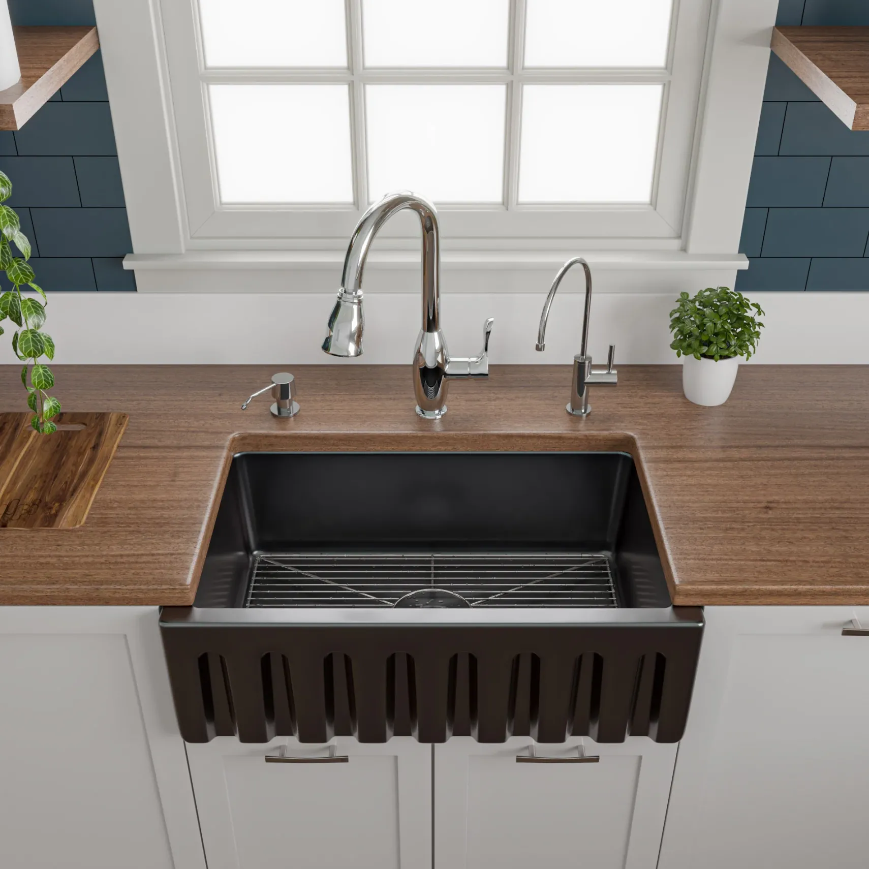ALFI 30" Single Bowl Fireclay Farmhouse Apron Sink, Black Gloss, Reversible, AB3018HS-BG