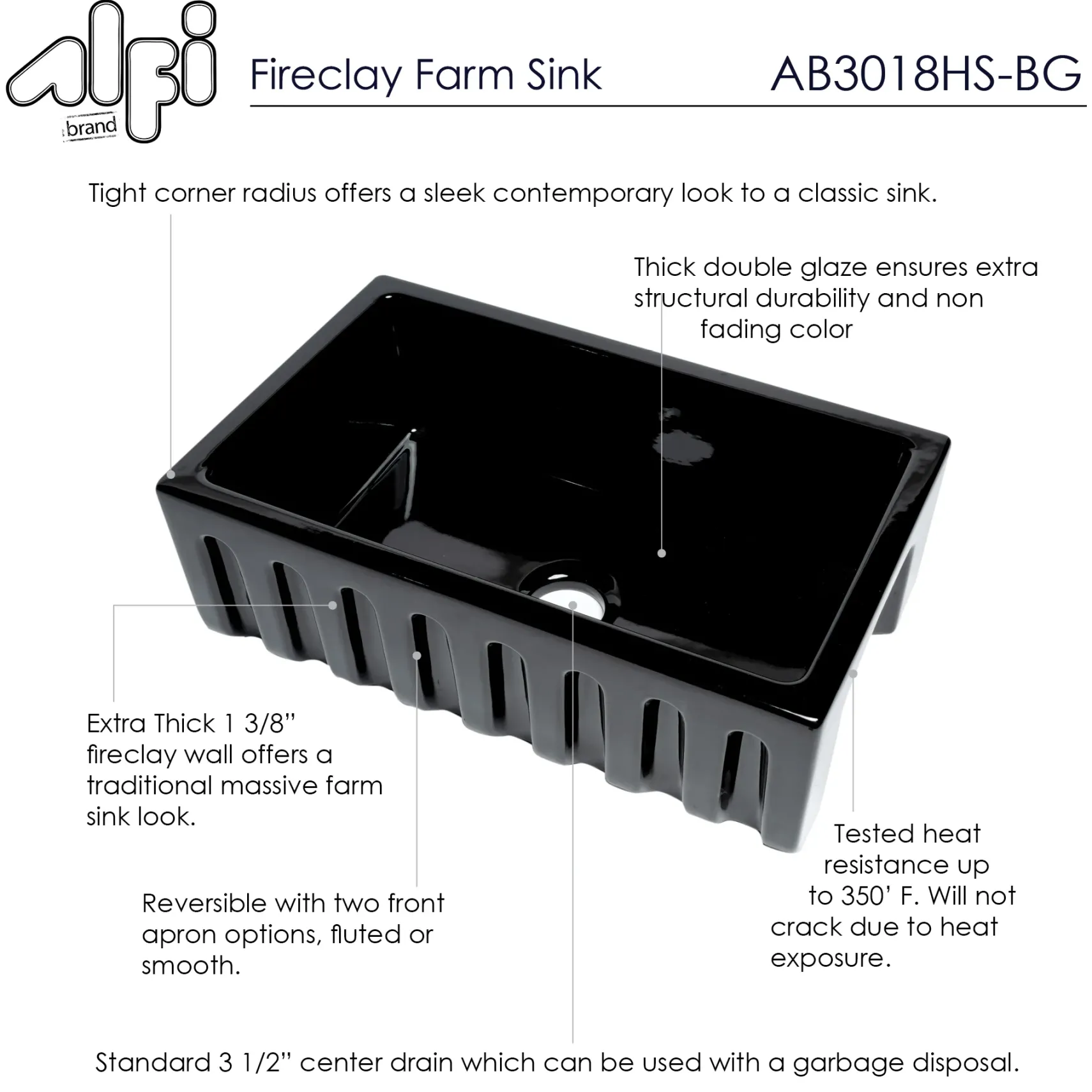 ALFI 30" Single Bowl Fireclay Farmhouse Apron Sink, Black Gloss, Reversible, AB3018HS-BG