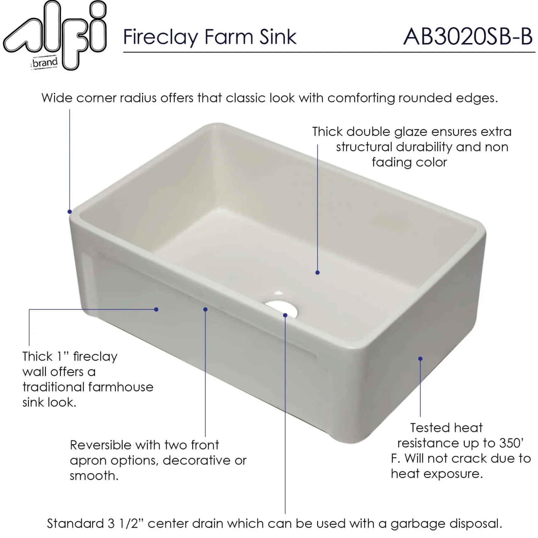 ALFI 30" Single Bowl Fireclay Farmhouse Apron Sink, Biscuit, AB3020SB-B